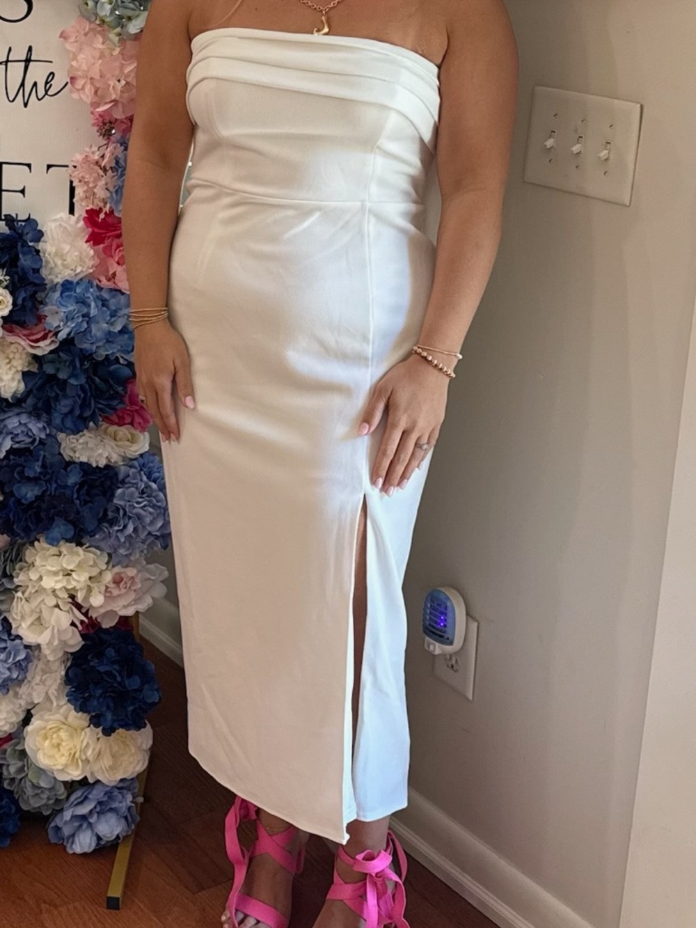 Lulu's Ivory Strapless Midi Dress with Front Slit